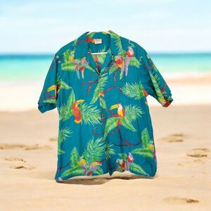Go Barefoot Men's Large Hawaiian Shirt Teal Parrots Palm Leaves Tropical Vintage